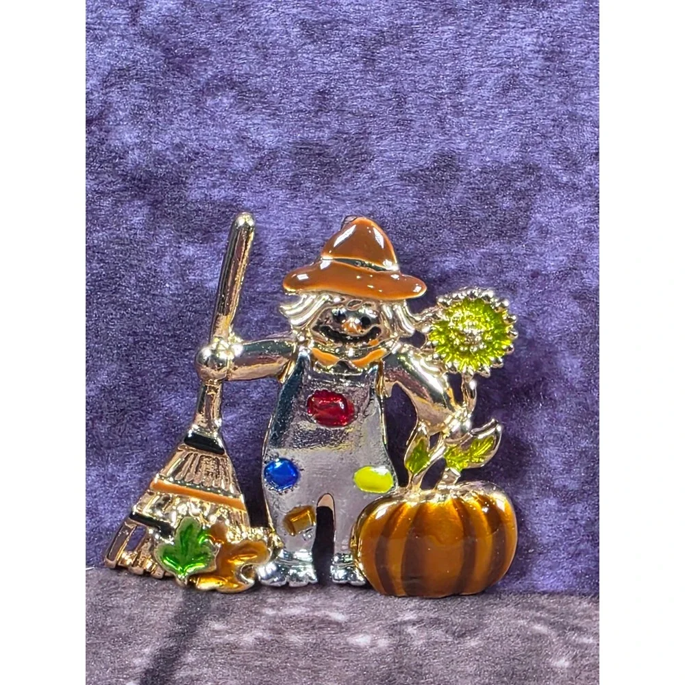 Fall Scarecrow Pin with Broom Pumpkin Sunflower Halloween Harvest Brooch